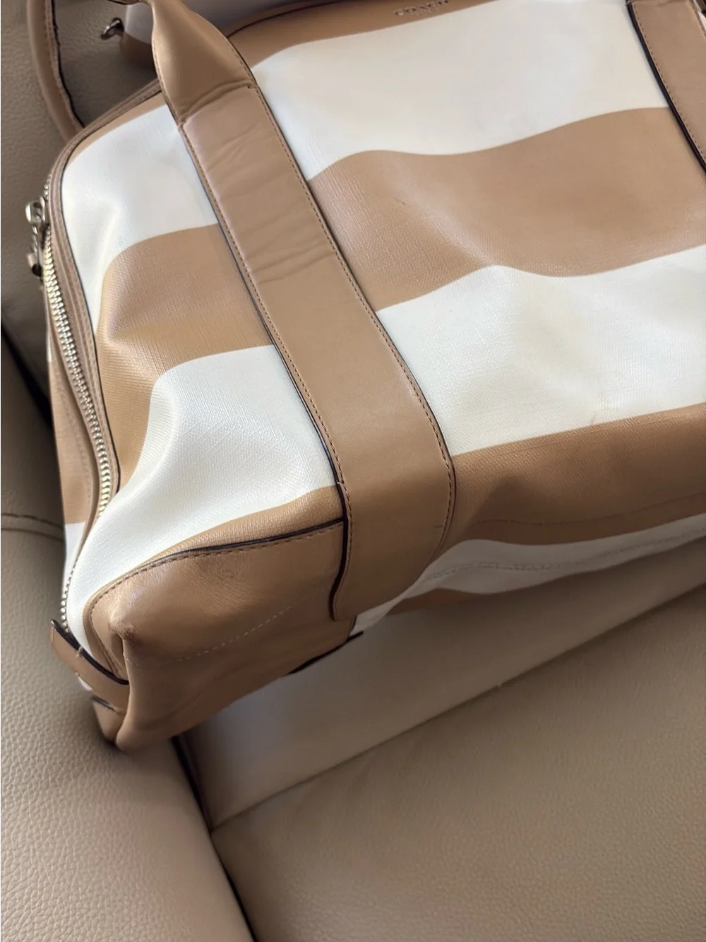 Coach Tan and White Striped bag with Wristlet